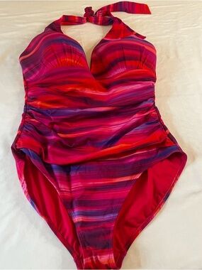Lauren Ralph Lauren Ruched One Piece Swimsuit Size 12 Halter Multicolor